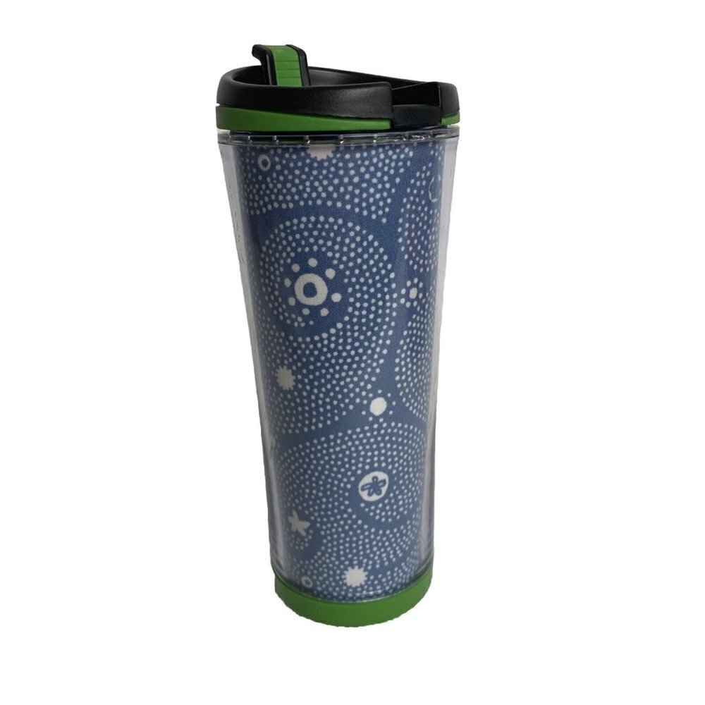 Starbucks 16 oz Tumbler 2007 Double Wall Blue Green Dots Flowers Swirl Flip Lid